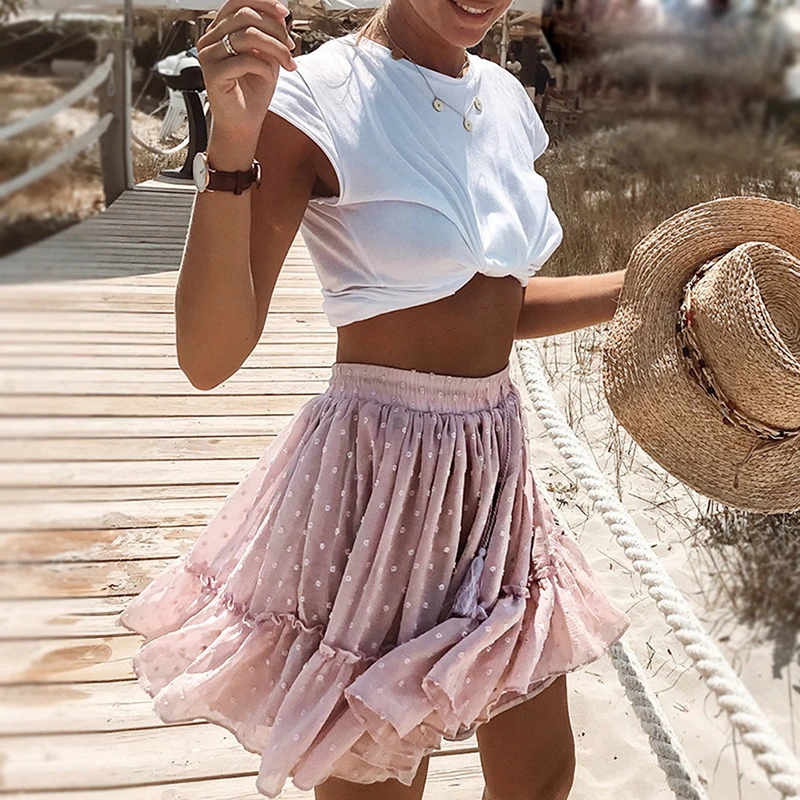 

Print Mini Women Skirts Retro Polka Dot Tassel Pleated Skirt Sexy Ruffle Beach Female Tutu Skirts Summer High Waist Skirt