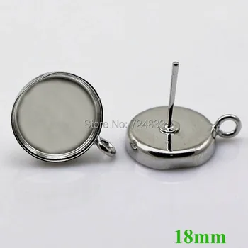 

Blank Earrings Bases w/ 18mm Round Deep Wall cups Bezel w/ a Loop Cabochon Stud Earrings post Settings Findings Rhodium tone