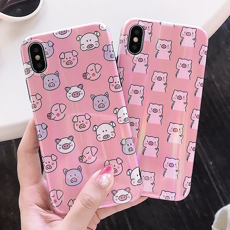 

Fashion Korean Style Cute Pink Piggy Blue Ray Light IMD Phone Case for Apple iPhone 6 6S 7 8 Plus X XS XR XS MAX Cover Coque