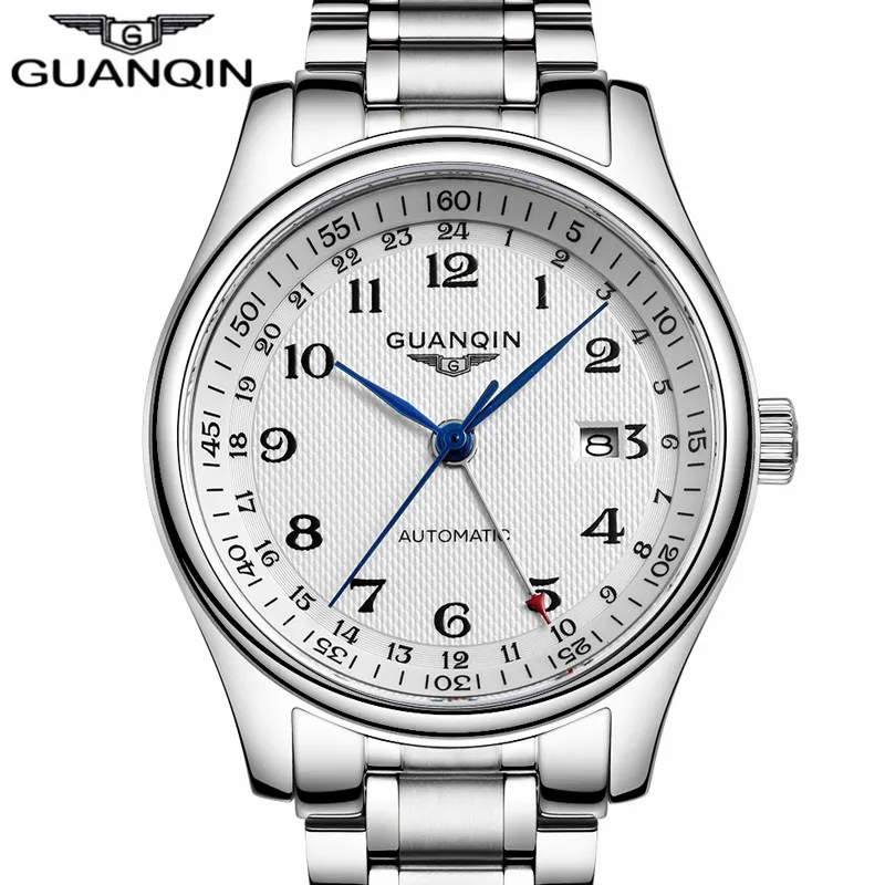 

GUANQIN Watch Men Automatic Date Mechanical Business Casual Watches Top Brand Luxury Silver Steel Wristwatch relogio masculino