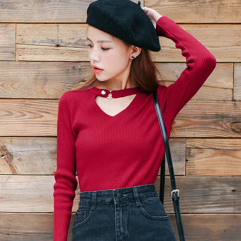Halter V Neck Shirt Women Rivet Long Sleeve Sexy Slim Korean Womens Blouses Camisas Femininas Manga