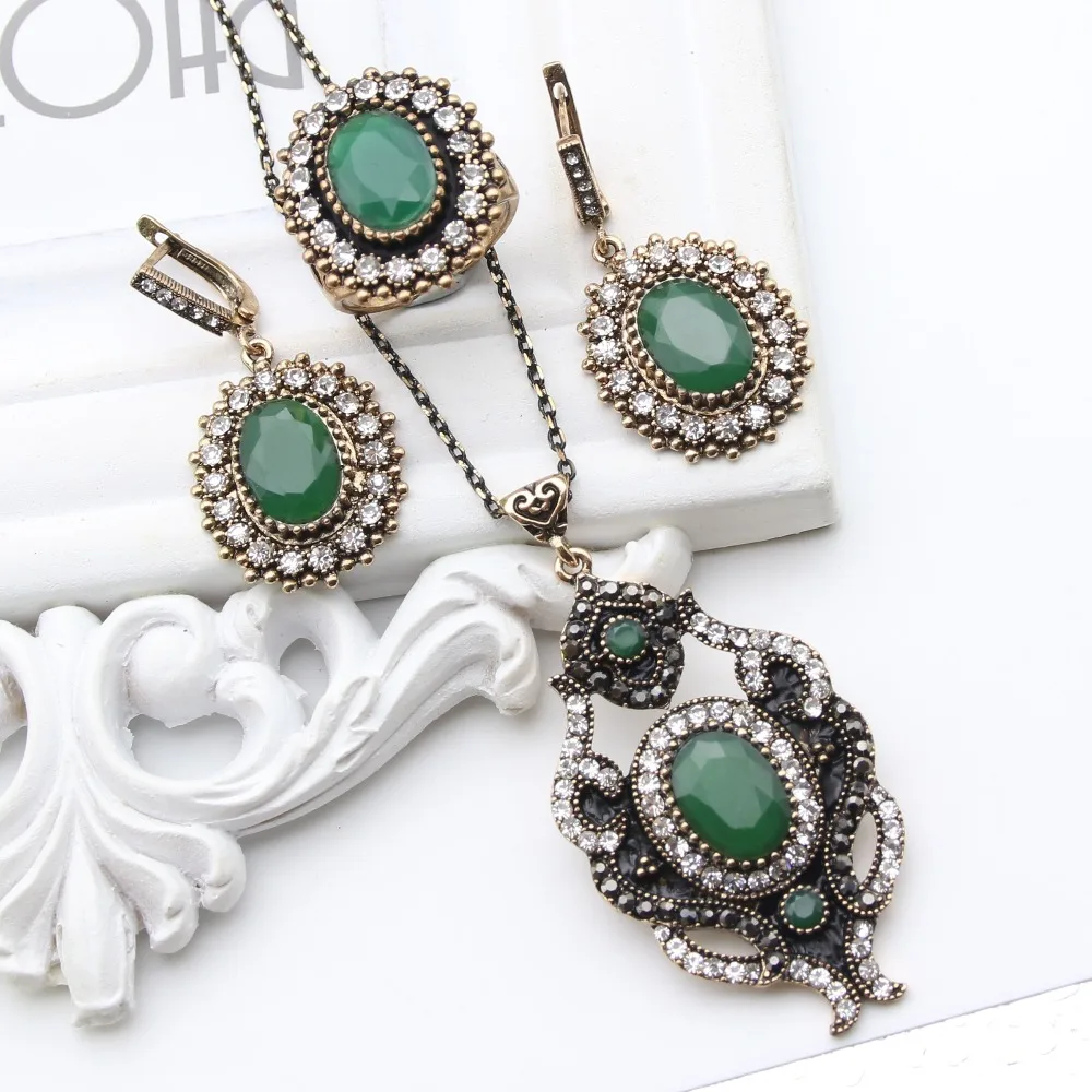 

Fashion Women Turkish Flower Jewelry Sets Vintage Gold Tribal Earring Ethnic African Pendant Necklace Ring Resin Bridal Jewelry
