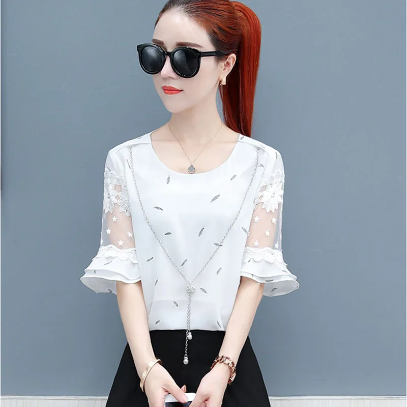 

Simple Style Women Spring Summer Chiffon Blouses Shirts Lady Casual Mesh Patchwork Flare Sleeve O-Neck Blusas Tops DF1707