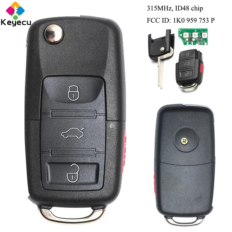 KEYECU Folding Flip Remote Car Key With 3 1/ 4 Button &amp 315MHz ID48 Chip - FOB for Volkswagen CC Golf Eos GT*I 1K0 959 753 P |