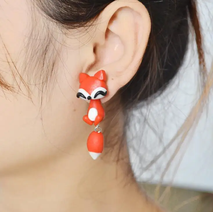 

New 100% Handmade Polymer Clay Animal Earrings Cute Cat Red Fox Lovely Panda Squirrel Tiger Stud Earrings for Women Jewelry