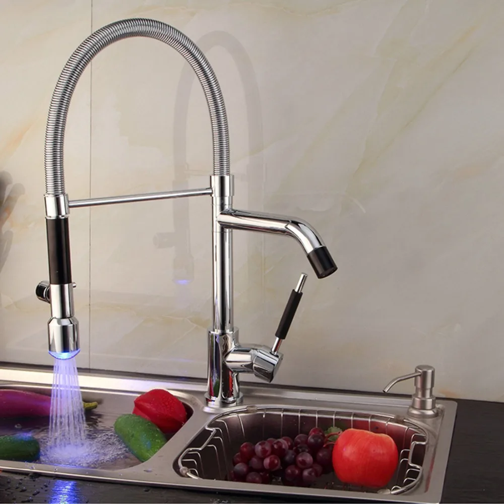 

FLG Kitchen Faucet LED Faucet 3 Colors Chrome Polished Spring Style 360 Degree Rotating Dual Sprayer Swivel Spout Mixer Tap C070