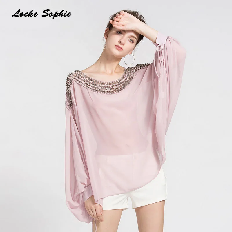 

1pcs Ladies Plus size blouses tops 2019 Summer Chiffon Splicing Beading hollow Primer shirts women's Skinny Sexy Retro blouses