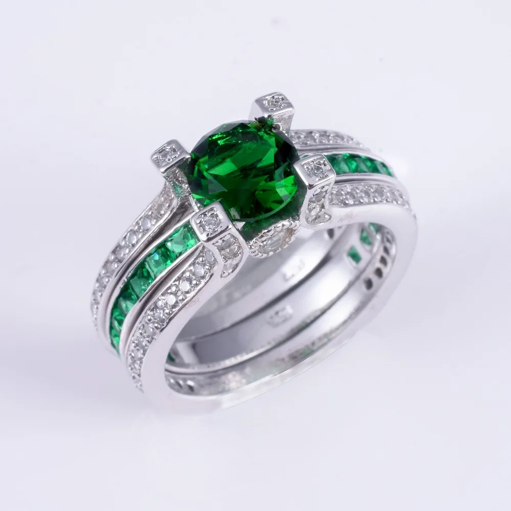 Jeulias Fashion Princess-cut Green Gemstone Ring for Women Engagement Double Rings set 925 Sterling Silver Birthstone Jewelry