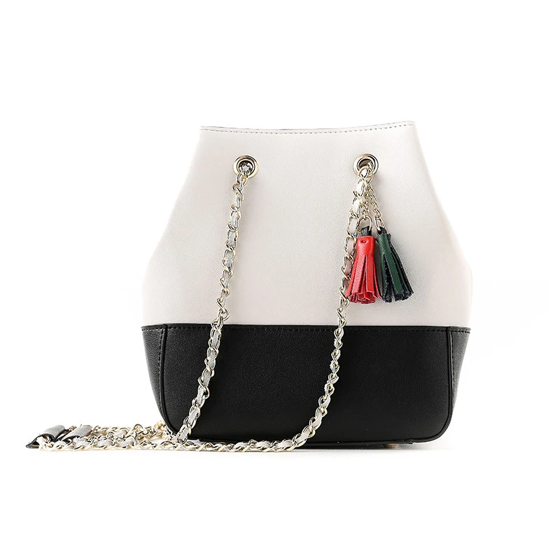 LOEIL Leather female bag slung chain hit color ladies diagonal cross bag tassel bucket bag LOEIL Leather female bag slung chain hit color ladies diagonal cross bag tassel bucket bag
