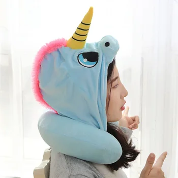 

Lucky Boy Sunday Creative Unicorn Neck Pillow Unicorn Totoro Cat Pig U Shaped Travel Hooded Pillow Girls Birthday Gift