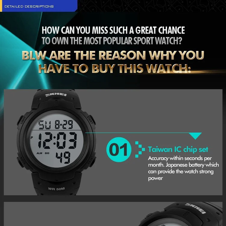 SKMEI Для мужчин Открытый спортивные часы Для мужчин работает большой циферблат цифровые наручные часы хронограф PU ремень 50 м