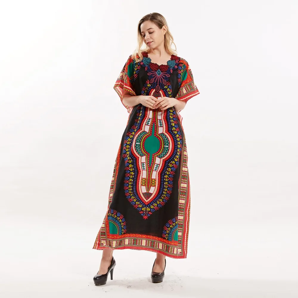 

100% Cotton Black Colourful Dashiki Vintage Appliques Partyb Long Loose Dress Ankara Prom Free size 2019