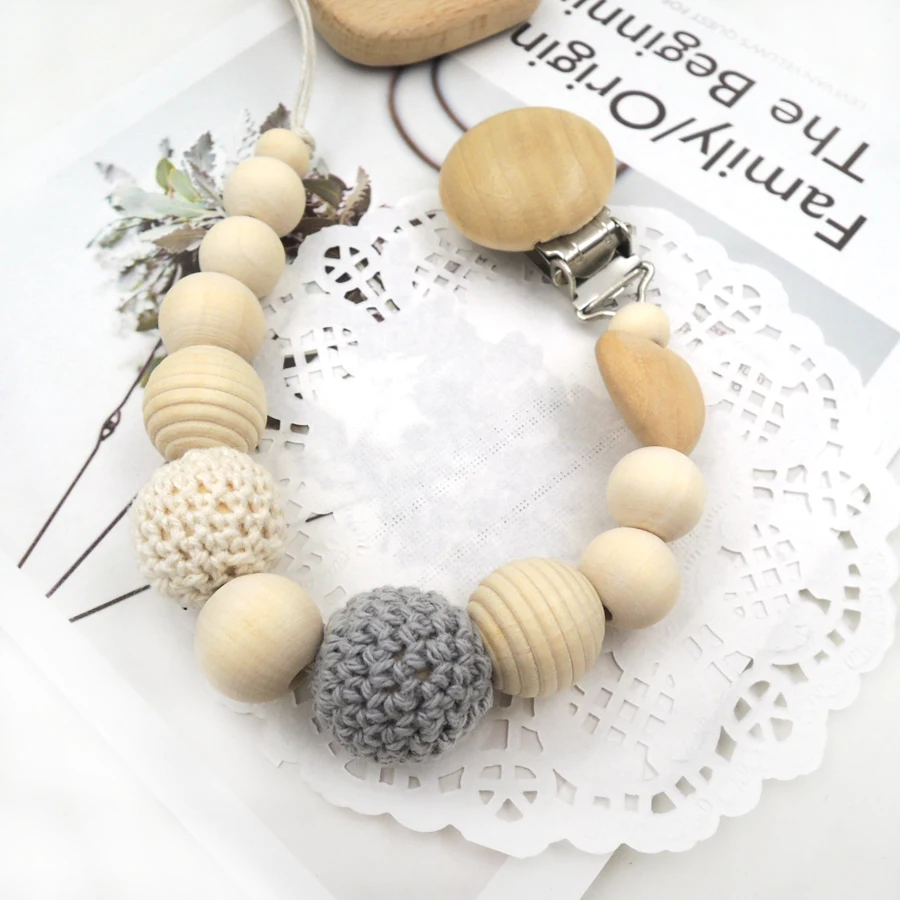 Set of grey and cream crochet bead wooden heart big key teether beech baby teethers pacifier clip dummy holder NT241 Set of grey and cream crochet bead wooden heart big key teether beech baby teethers pacifier clip dummy holder NT241