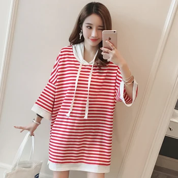 

#4928 High Quality Women Fashion 2019 Cotton Stripe T-shirt Femme Long Loose Hooded Half Sleeve T Shirt Women Navy Style
