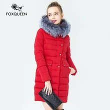 Foxqueen 2016 Новый Зимний Женнский Пуховик С Капюшоном Толстая Куртка Чернобурого меха Толстая Куртка Из Зимнее Женнское Пальто Сплошного Цвета Бесплатная Доставка