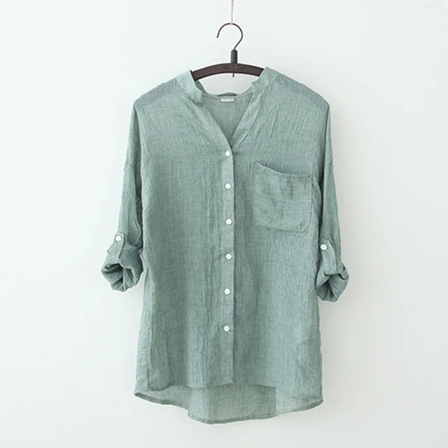 V Neck Linen Shirt Women Button Up Casual Slim Long Blusas 2017 Fashion ...