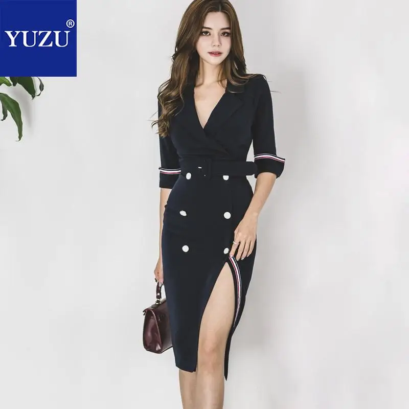 With Belt Blazer Formal Dress Women Elegant Office Lady Dark Blue