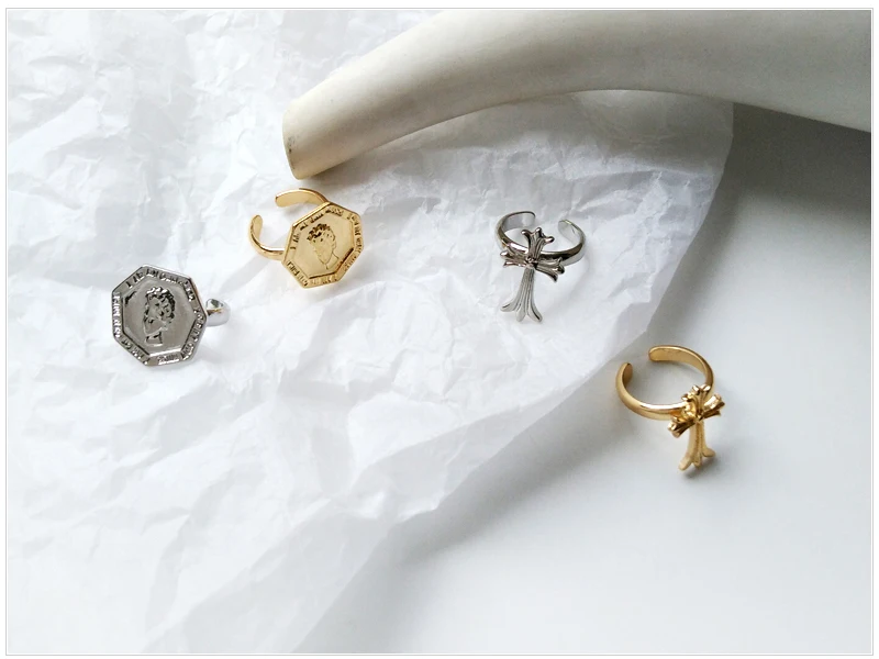 SRCOI, золотая металлическая монета, голова королевы, геометрические шестигранные кольца на кастет, простое персонализированное открытое регулируемое кольцо для женщин