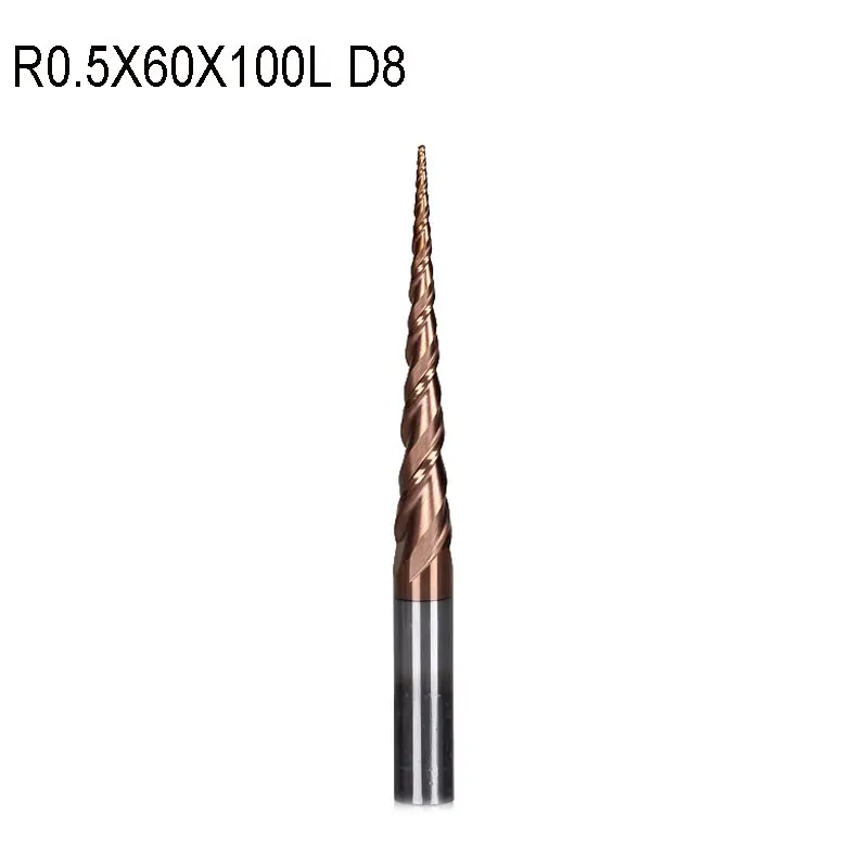 R1.0*D8*60*100L HRC55 Tapered Ball Nose End Mills taper cone CNC wood endmills