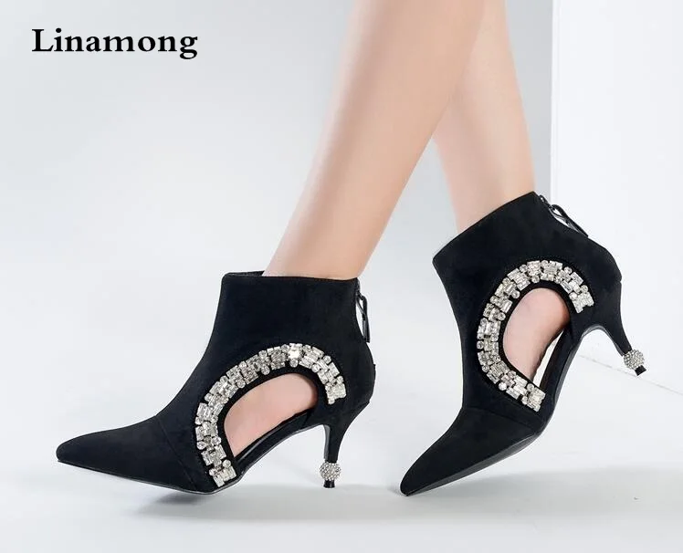 Rhinestone Ball Heels Pointy Toe Sexy Ankle Boots Black Suede Crystal