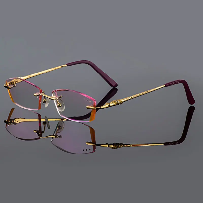 Phantom trimming titanium eyewear female models diamond crystal trimming Gold rimless glasses finished prescription glasses