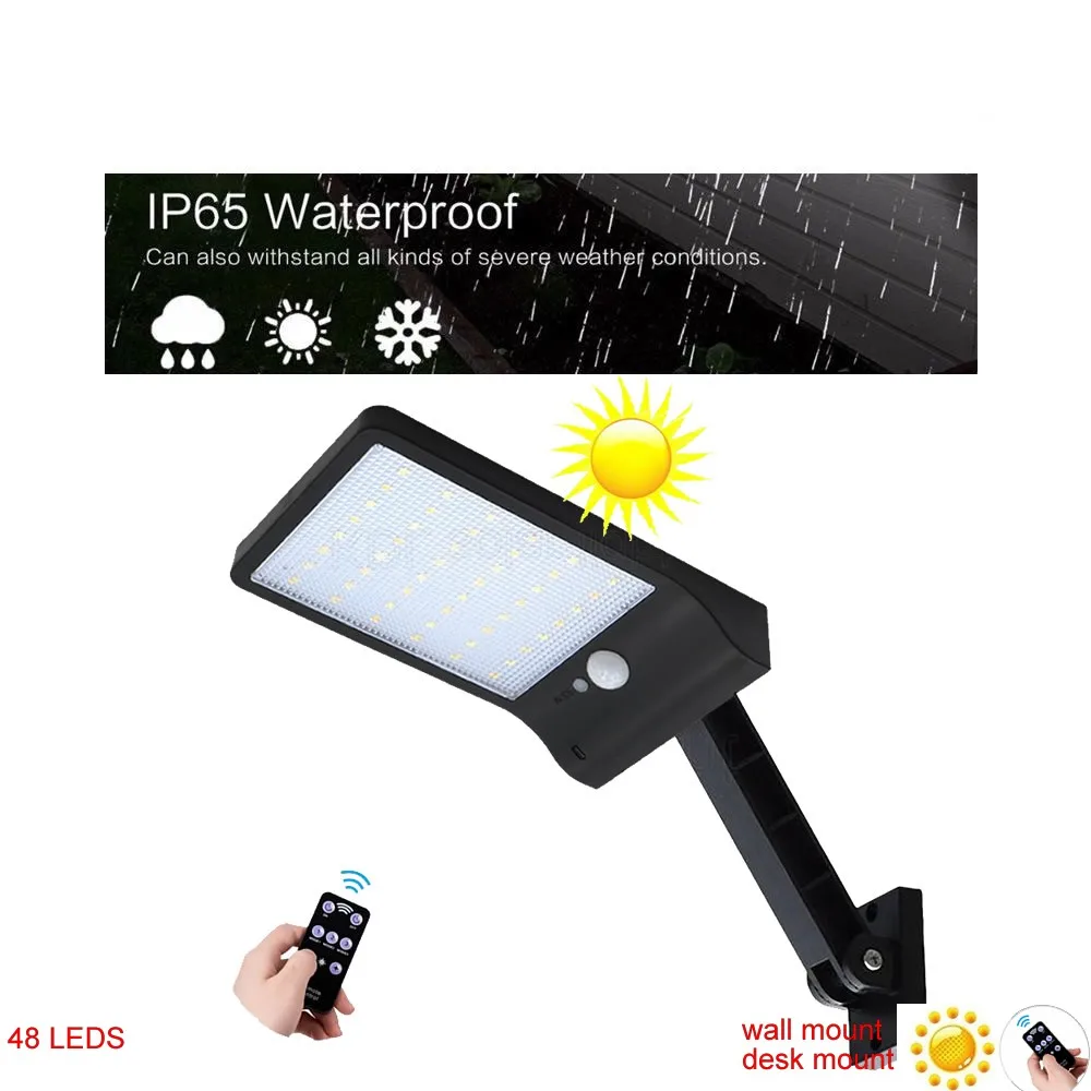 

desk wall mount remote control rotate bracket solar street light 48 LED Solar Light Three Modes Black White Waterproof Outdoor G