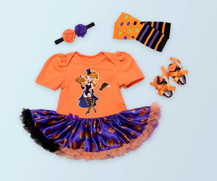 Модные комбинезоны с рисунком тыквы для маленьких девочек; кружевные платья-пачки; обувь для малышей; Теплый головной убор; вечерние костюмы для детей на Хэллоуин; подарок