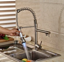 LED Color Changing Dual Spout Spring Kitchen Sink Faucet Swivel Spout Pull Down Hot and Cold