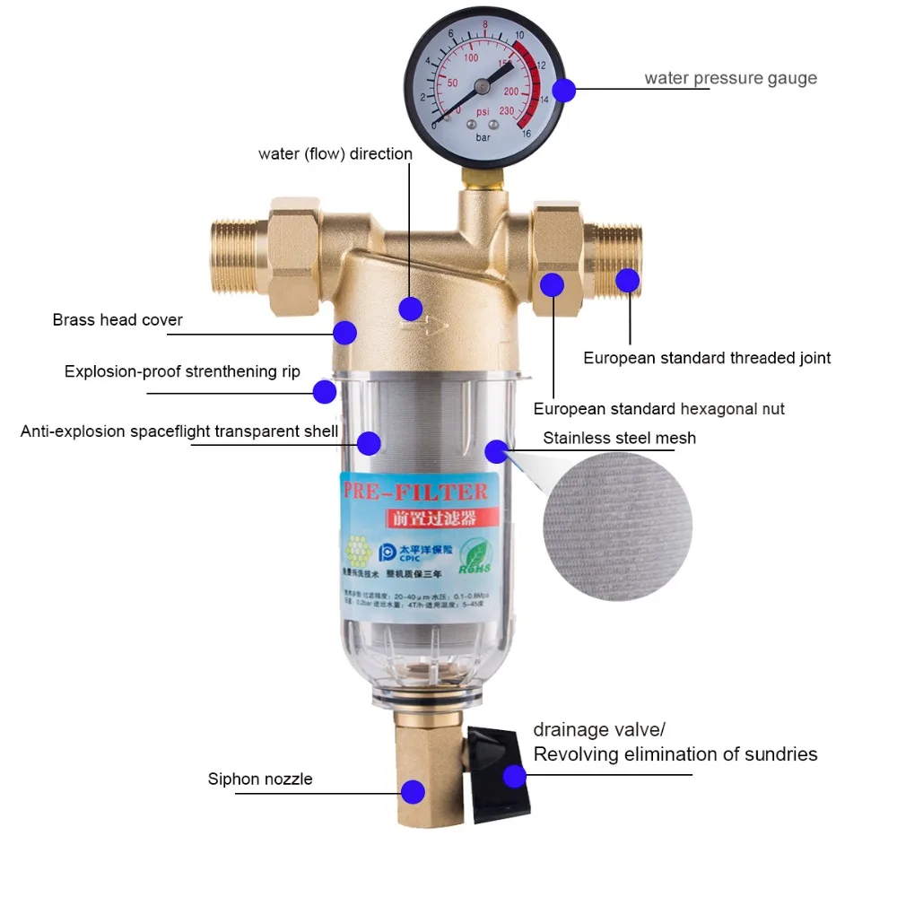 Siphon backwas предфильтр для воды первый шаг системы очистки воды Латунь Нержавеющая сталь сетка prefiltro