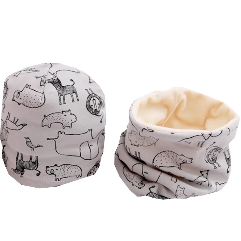 Модный комплект с шапочкой для девочек, однотонный детский головной убор, весенние теплые детские шапочки с воротником для мальчиков, хлопковые детские шапки, шарф - Цвет: gray lion