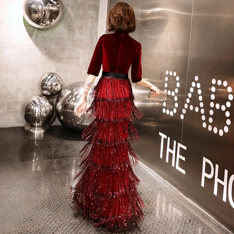 2019 New Velvet Evening Dresses Long Mermaid Wine Red Formal Dress Sequined Abendkleider Women robe de soiree longue LYFY77 2019 New Velvet Evening Dresses Long Mermaid Wine Red Formal Dress Sequined Abendkleider Women robe de soiree longue LYFY77