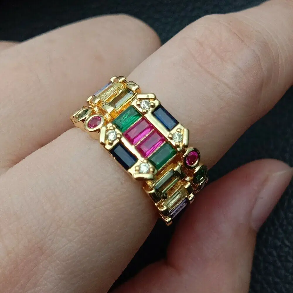 

Golden filled rainbow bar cz ring for women colorful eternity band ring