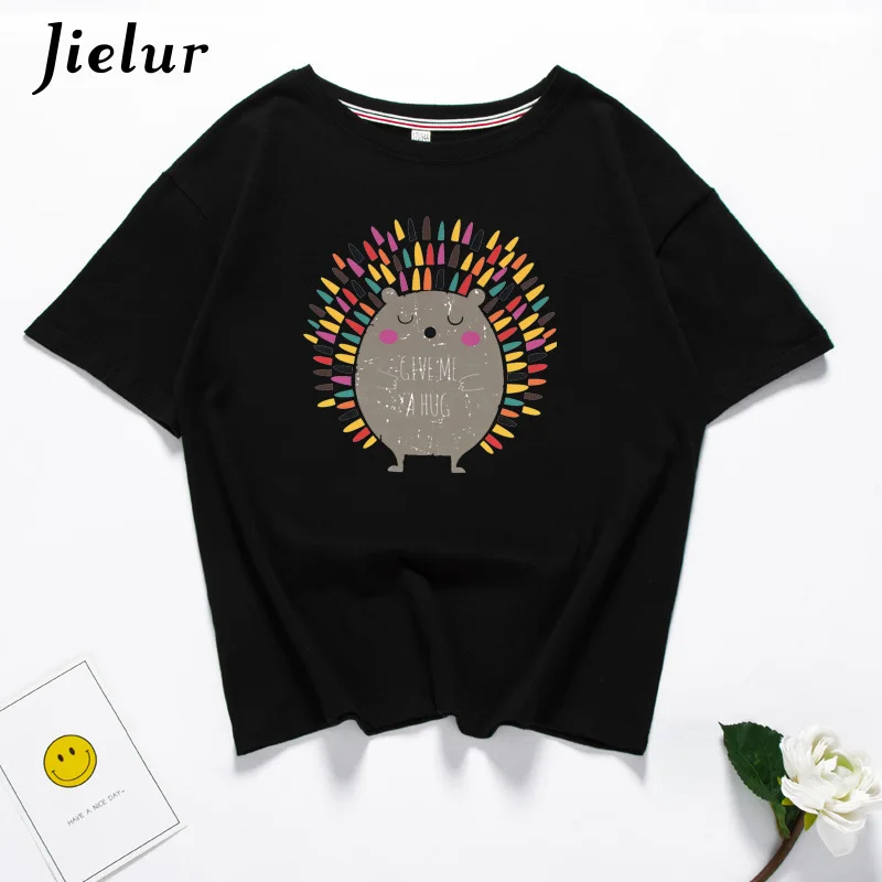 Jielur корейский стиль Ежик печатных Kawaii Футболка белая Базовая футболки хлопок для