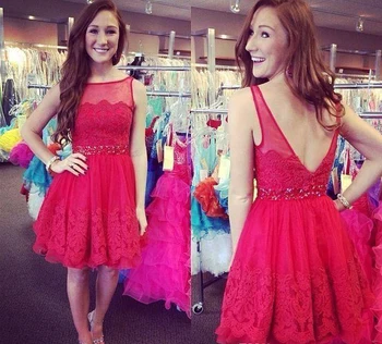 

Sexy Red Lace Knee Length Women Lady Gown vestidos Scoop Neck Formal Evening Prom Dresses Beaded Belt