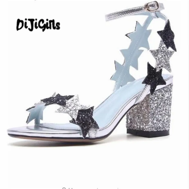 

DIJIGIRLS sequined cloth peep toe bling ankle straps sandals women glitter high heels summer five-star graphics lady shoes