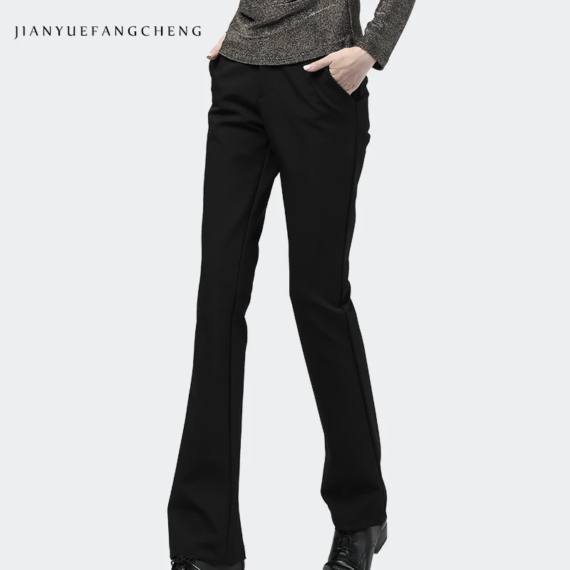 2019 Spring Autumn High Waist Straight Long Flared Pants Pocketed Office Ladies Formal Dress Pants Black/White Women Trousers 2019 Spring Autumn High Waist Straight Long Flared Pants Pocketed Office Ladies Formal Dress Pants Black/White Women Trousers