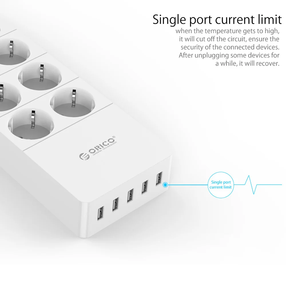 ORICO разъем питания 8 розеток с 5 USB Стандартный Удлинитель сетевой фильтр 5x2. 4A USB зарядное устройство порты HPC-V1