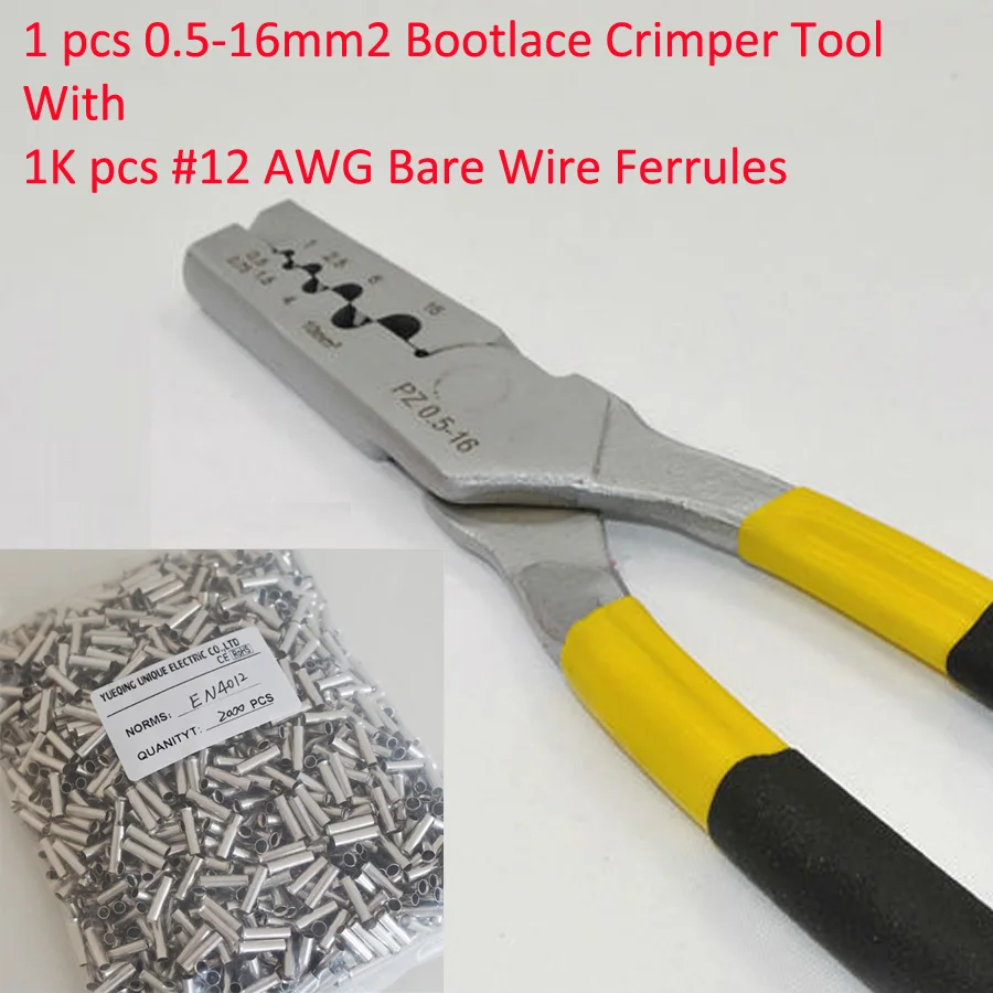 

PZ0.5-16 0.5-16mm2 Crimping Tool Bootlace Ferrule Crimper and 1K #12 AWG EN4012 Bare Bootlace Wire Ferrules