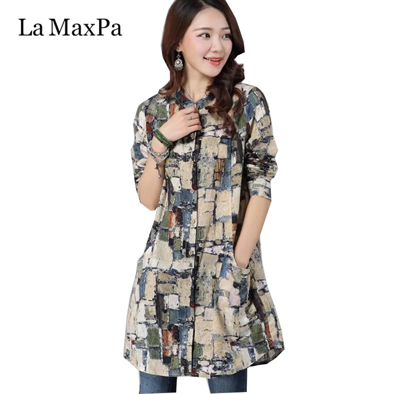 

Clothes For Women Of Large Sizes 2017 Long Style Slim Cotton Linen Shirt Blusas Vintage Printed Collar Shirt Tops For Women