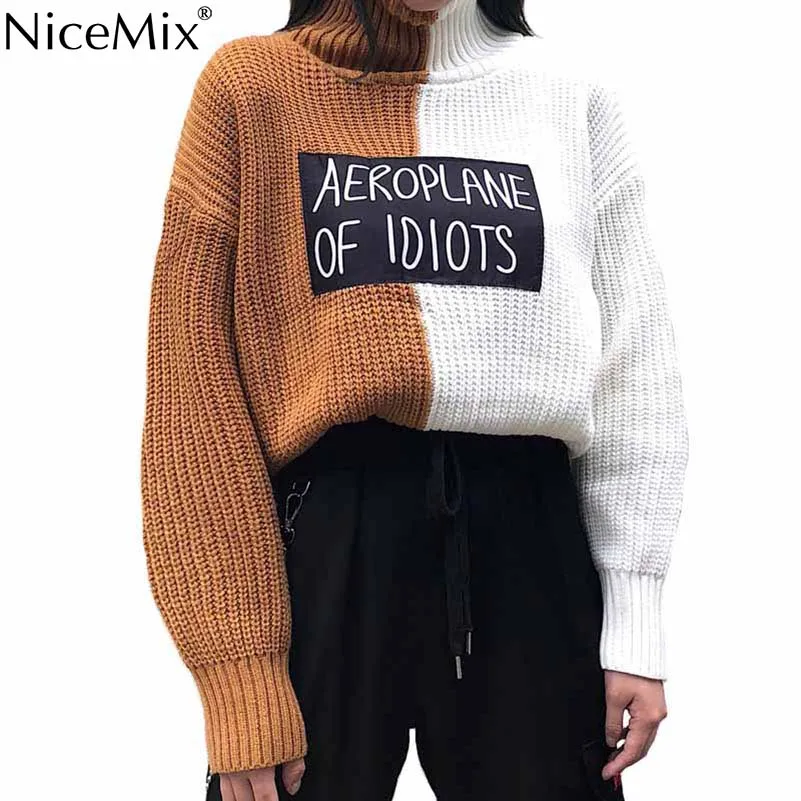 

NiceMix Autumn Women Sweaters Turtleneck Patchwork Pullover Loose Jumper Korean Streetwear Winter Knitwear Pull Femme Hiver 2019