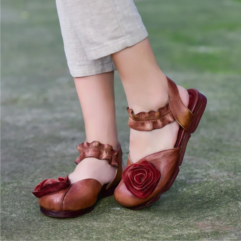 

New Arrival Original Handmade Leather Women Sandals Flower Flat bottom Comfortable Retro Washing Technology Shoes