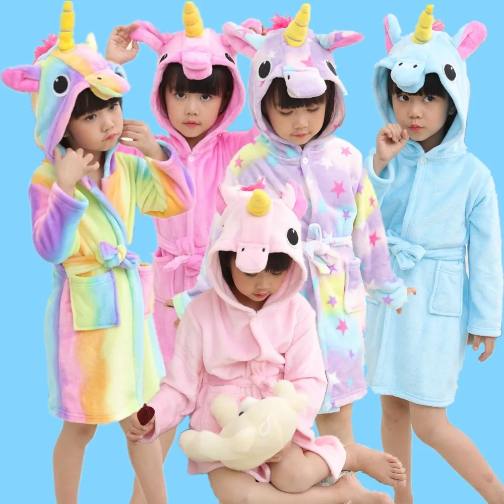 

uBathrobes for Boys Girls Pajamas Baby Bath Robe Rainbow Unicorn Pattern Hoodies Robes Kids Sleepwear Children Bathrobe Costumes