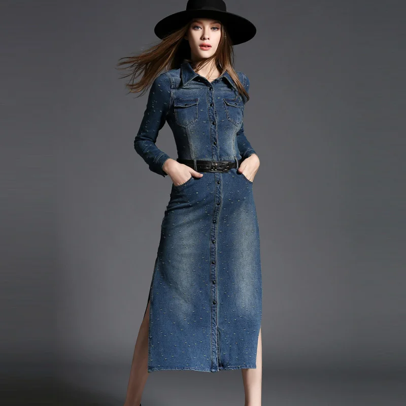 2015 autumn women fashion denim long dress elegant casual maxi dress slit Slim package hip denim