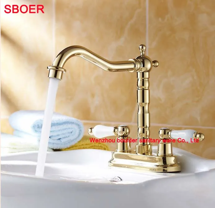 مزدوج التعامل مع السيراميك حوض الغرور بالوعة خلاط صنبور مرحاض الحمام المعاصرة واحدة هول سطح كمية ، مصقول الذهب صنبور