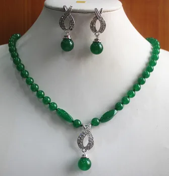 

simple style 8mm green jade necklace plated dangle jade earring&pendant jewelry sets