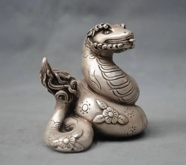 Collectible 4'' China Silver Bronze Feng Shui Zodiac Snake Auspicious