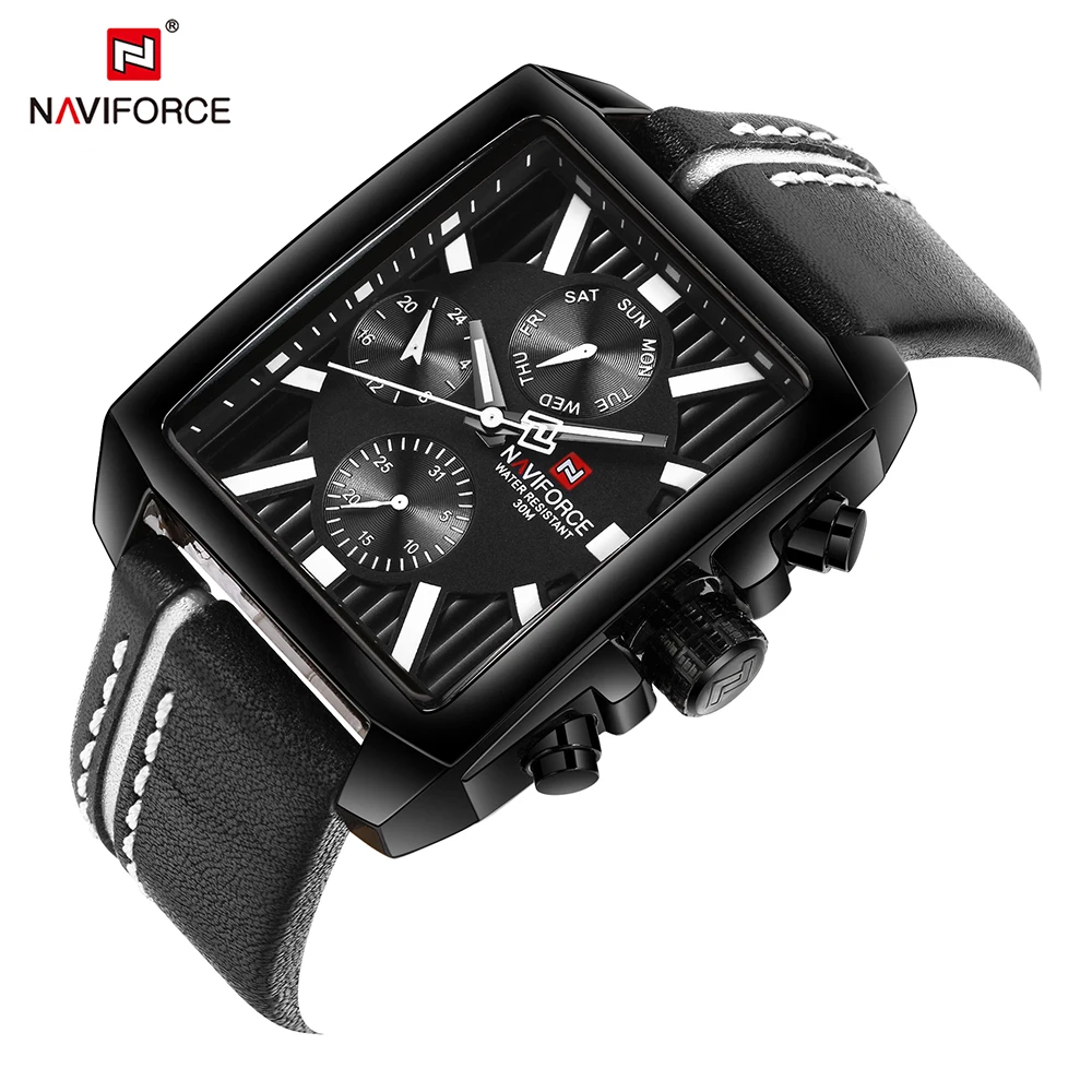 

NAVIFORCE Luxury Genuine Leather Quartz Men Watch Square Dial Waterproof Man Casual Wristwatch with Sub-dials Masculino Relogio