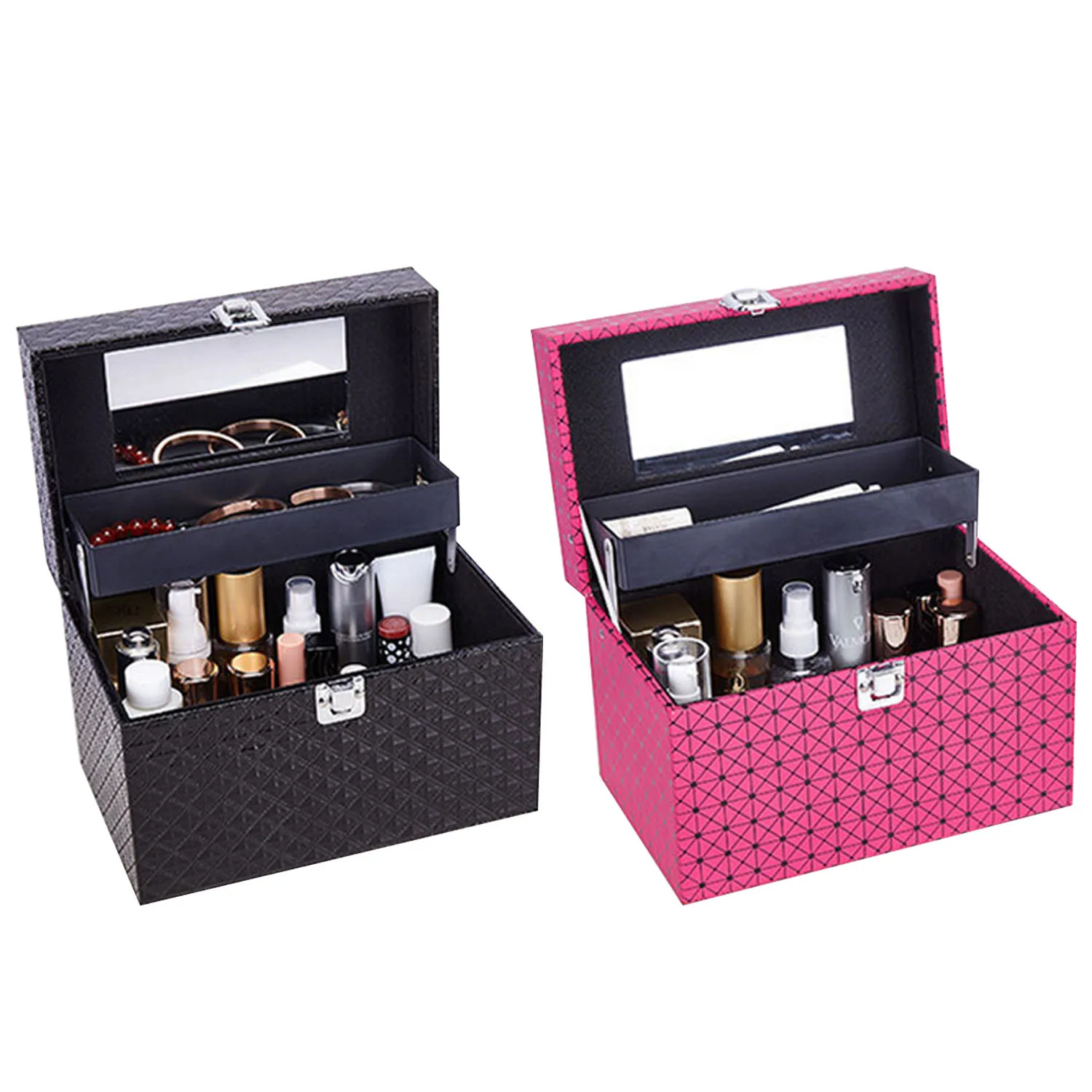 

Behogar 3-Layer Fashion Portable PU Leather Cosmetic Makeup Storage Box Case Organizer with Handle Lock Mirror for Women Girls