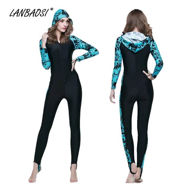 LANBAOSI Women's Full Body Hooded Wetsuits Rash Guard Anti UV Black