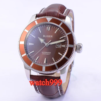 

46mm BLIGER leather strap coffee dial automatic men's watch,stainless steel case waterproof mechanical men watch